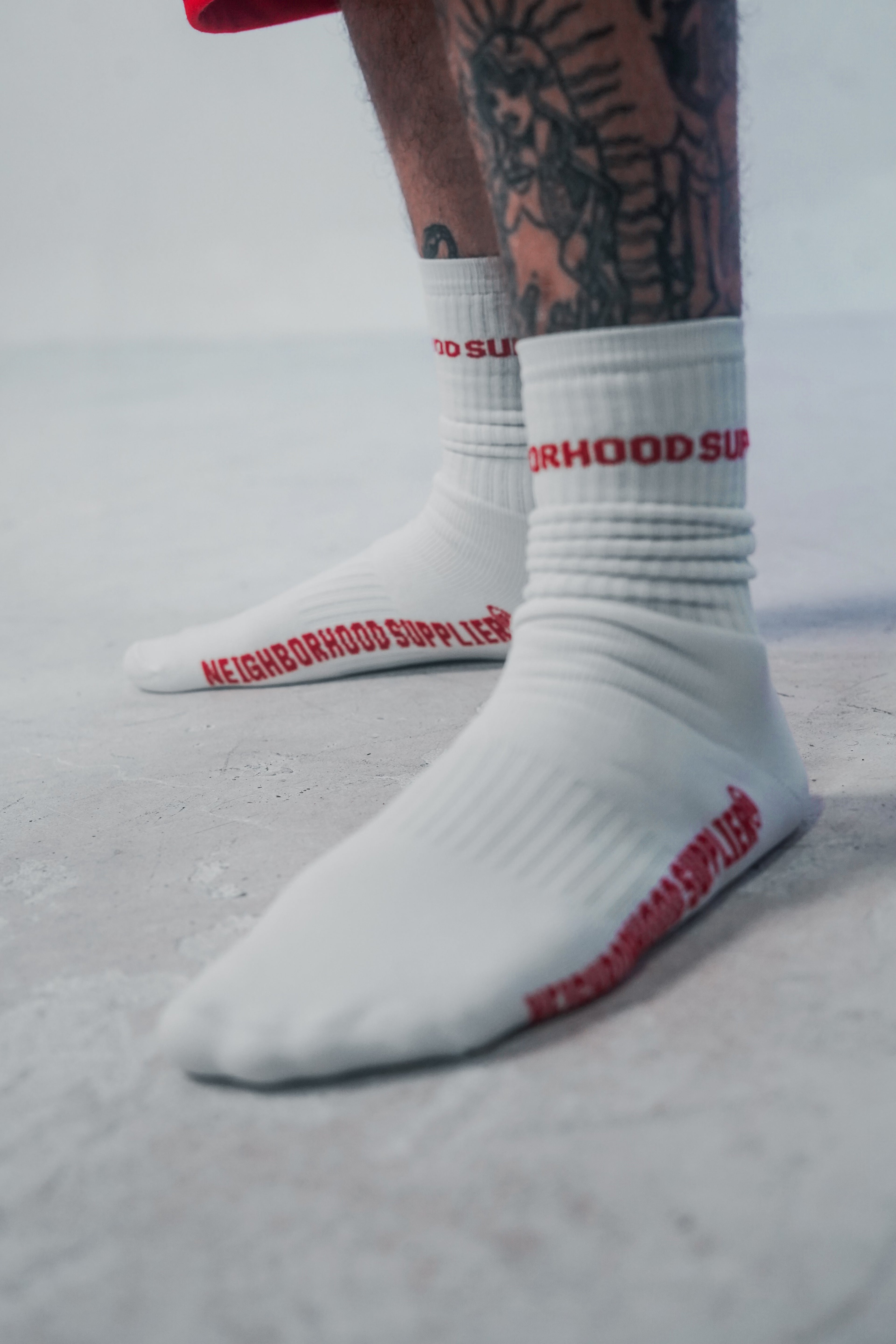 neighborhood supplier for hustler only crew socks red and white