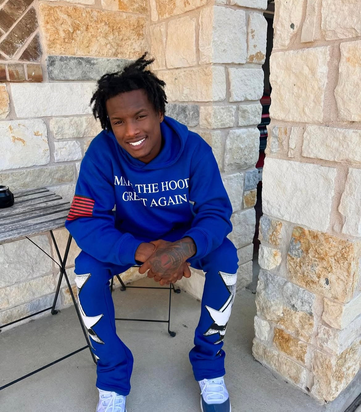 youtuber lil loaded in neighborhood supplier blue make the hood great again hoodie and stack pants set