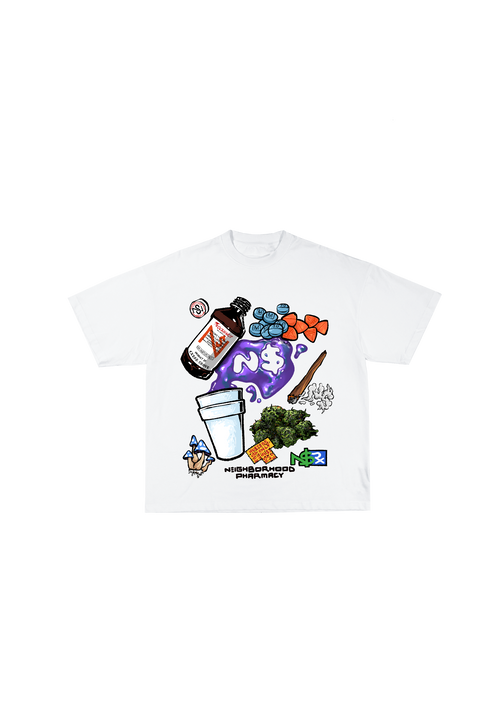 This image features the "Neighborhood Pharmacy Tee," a playful and colorful t-shirt designed with a community pharmacy theme. lean shirt weed shirt 4/20 shirt shroom shirt pill shirt drug shirt
