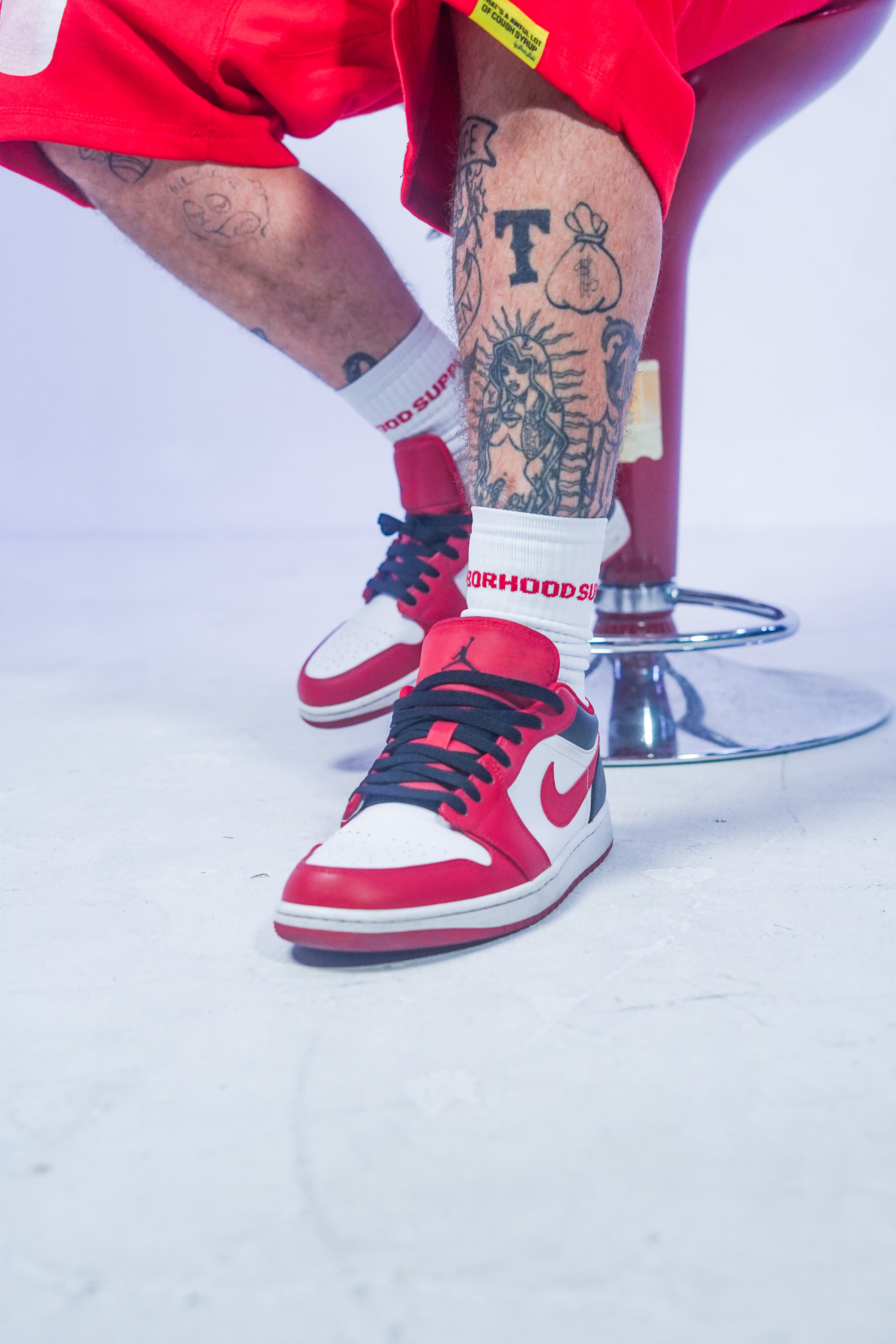neighborhood supplier for hustler only crew socks red and white