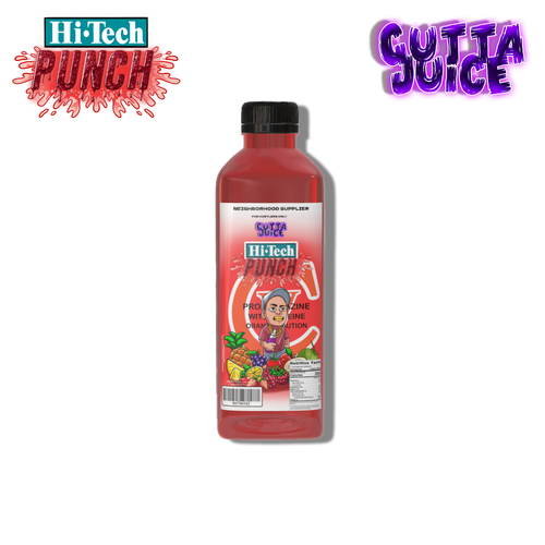 A plastic bottle of Gutta Juice 'Hitec Punch' flavor, with a label featuring a cartoon character and fruits, against a background with neon-like light graphics. exotic juice