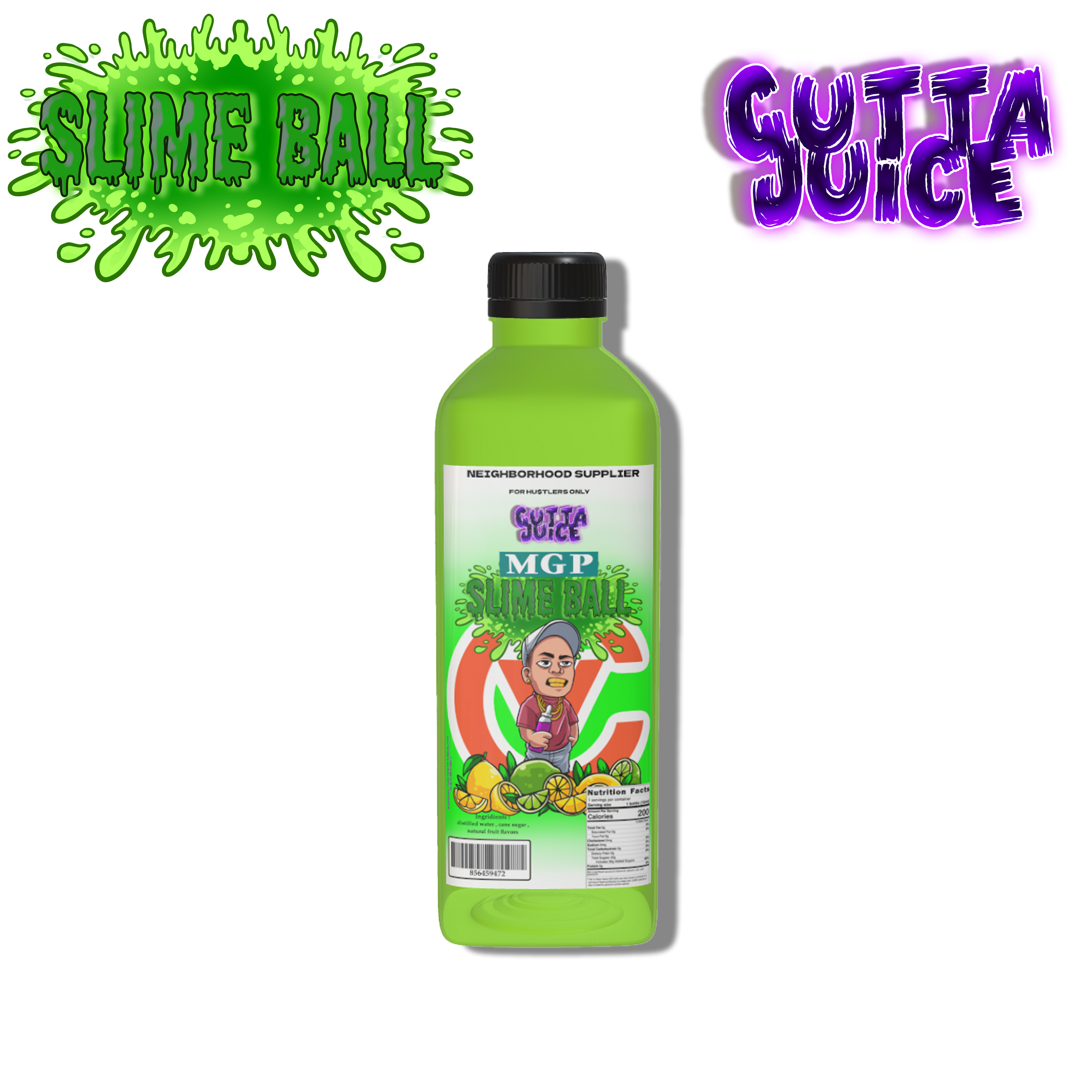 A green bottle labeled 'SLIME BALL' with text and graphics indicating it is a product called 'GUTTA JUICE'. neighborhood supplier exotic juice