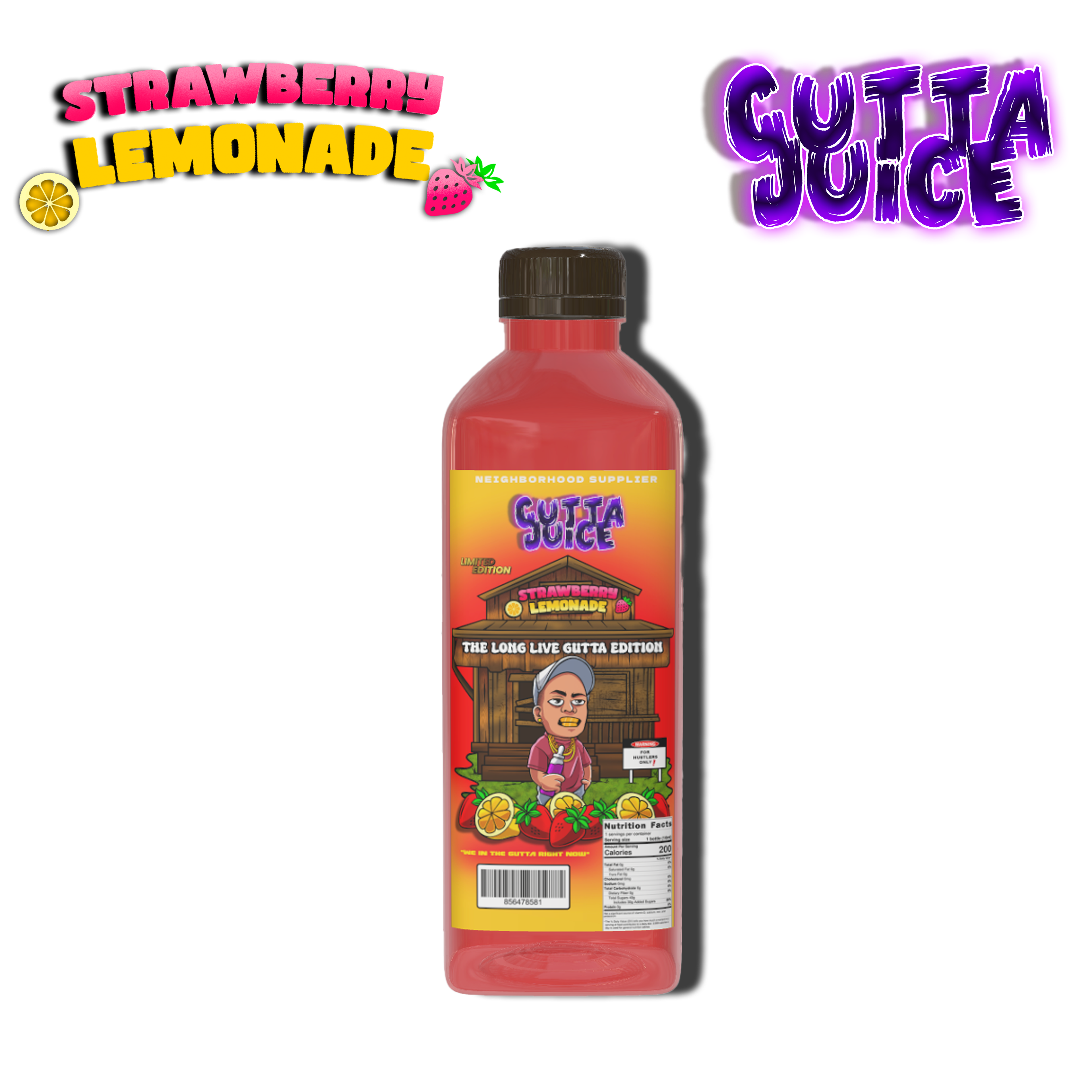 A bottle of GUTTA JUICE with Strawberry Lemonade flavor, 16 oz, neighborhood supplier exotic juice