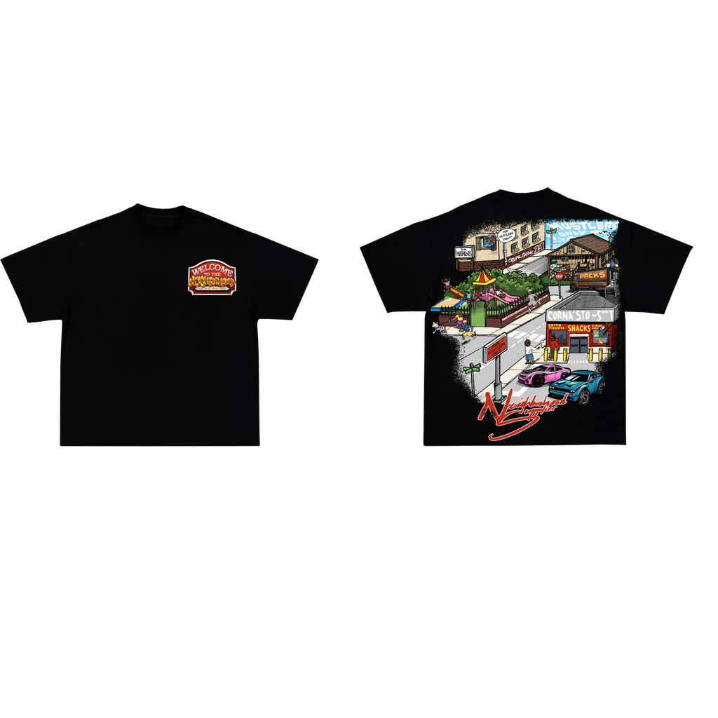 black welcome to the neighborhood neighborhood supplier streetwear tee graphic